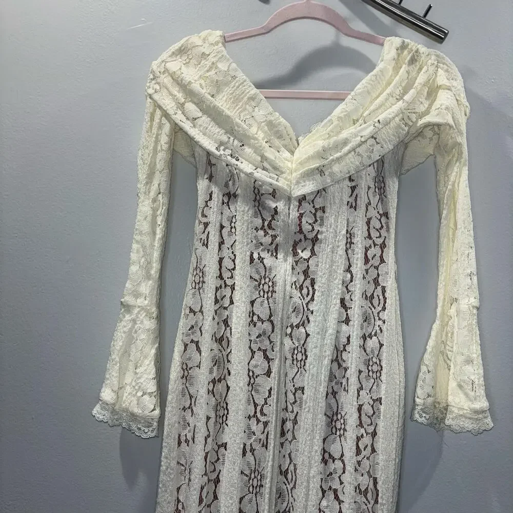 NWT Angel Lane Georgette Ivory Lace Maxi Dress - Size Large- Bridal Dress - Picture 7 of 15